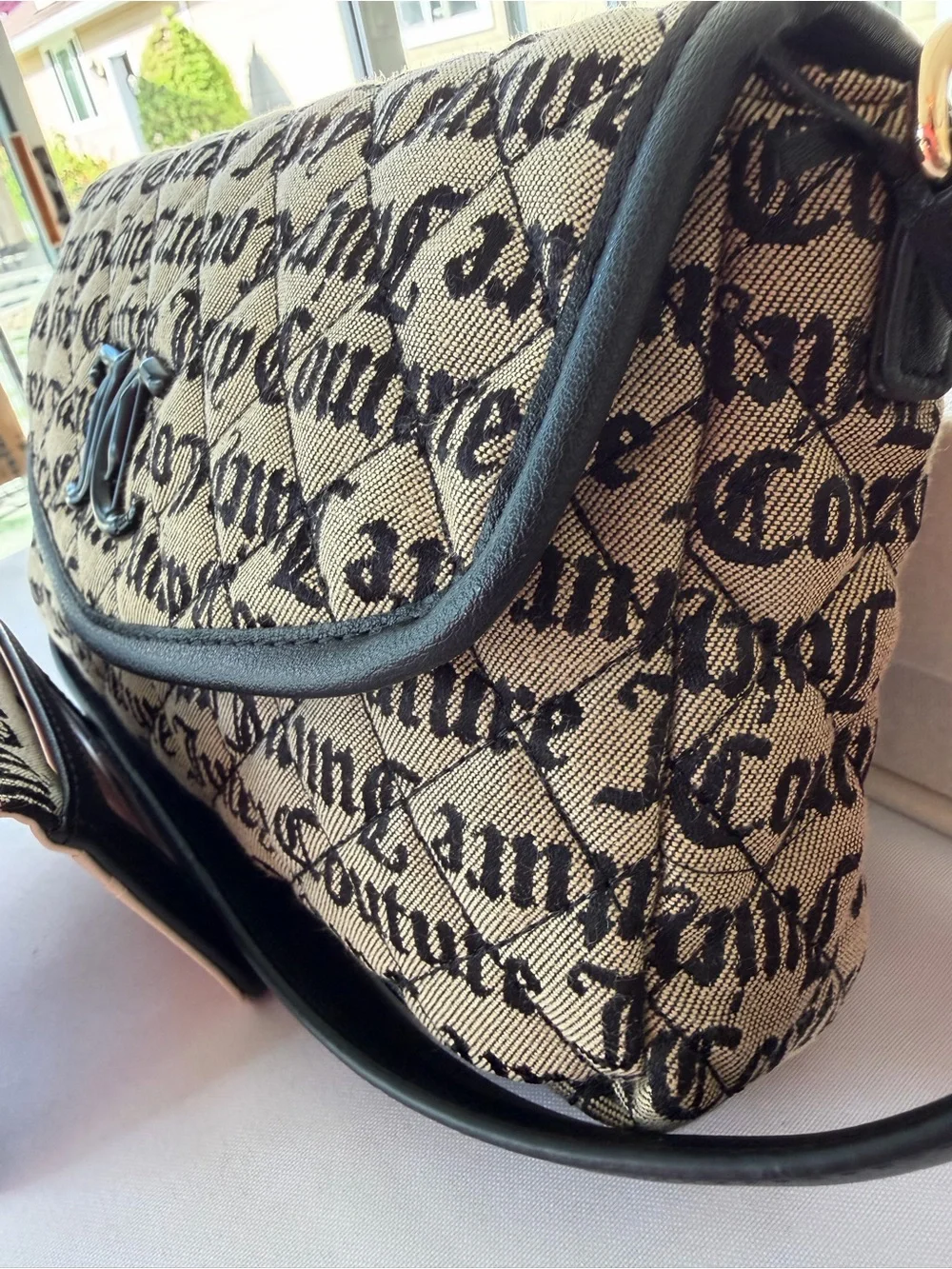 Juicy Couture Beige Canvas Logo Shoulder Bag with Black Trim & Card Holder